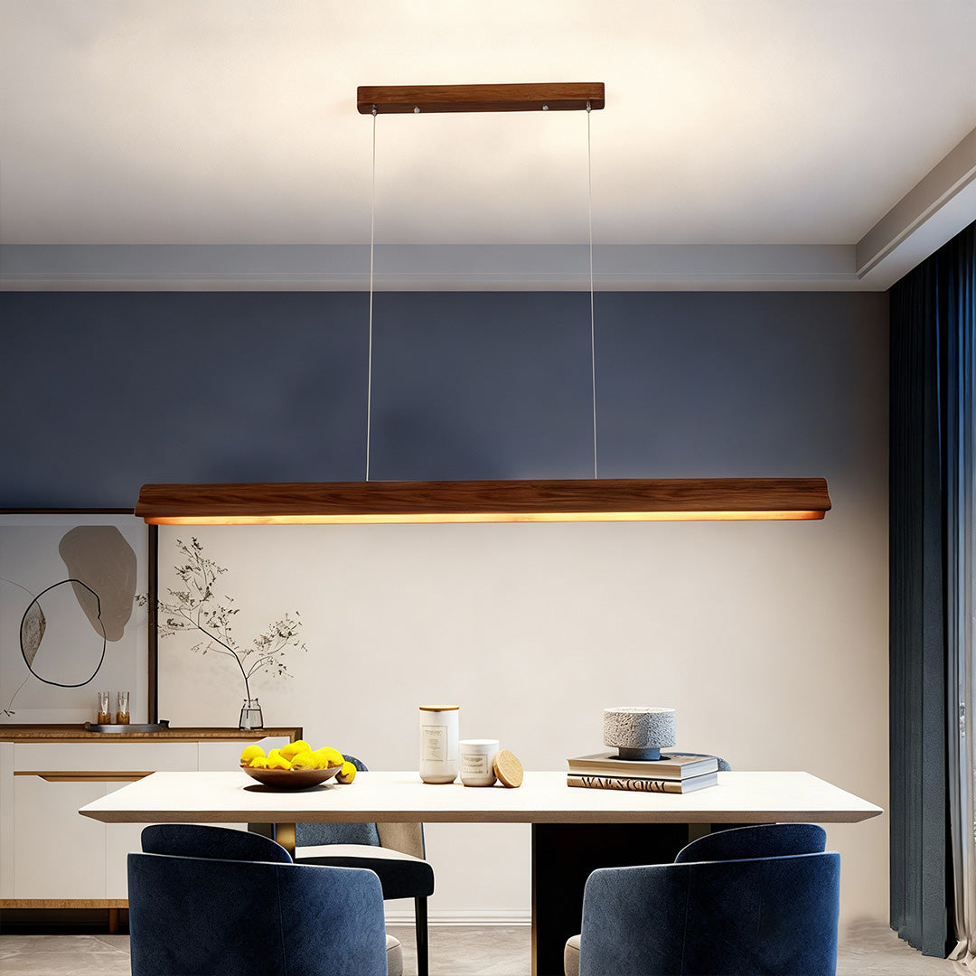 Linear Wood LED Pendant Light with White PVC Shade, Minimalist Dining Room Fixture