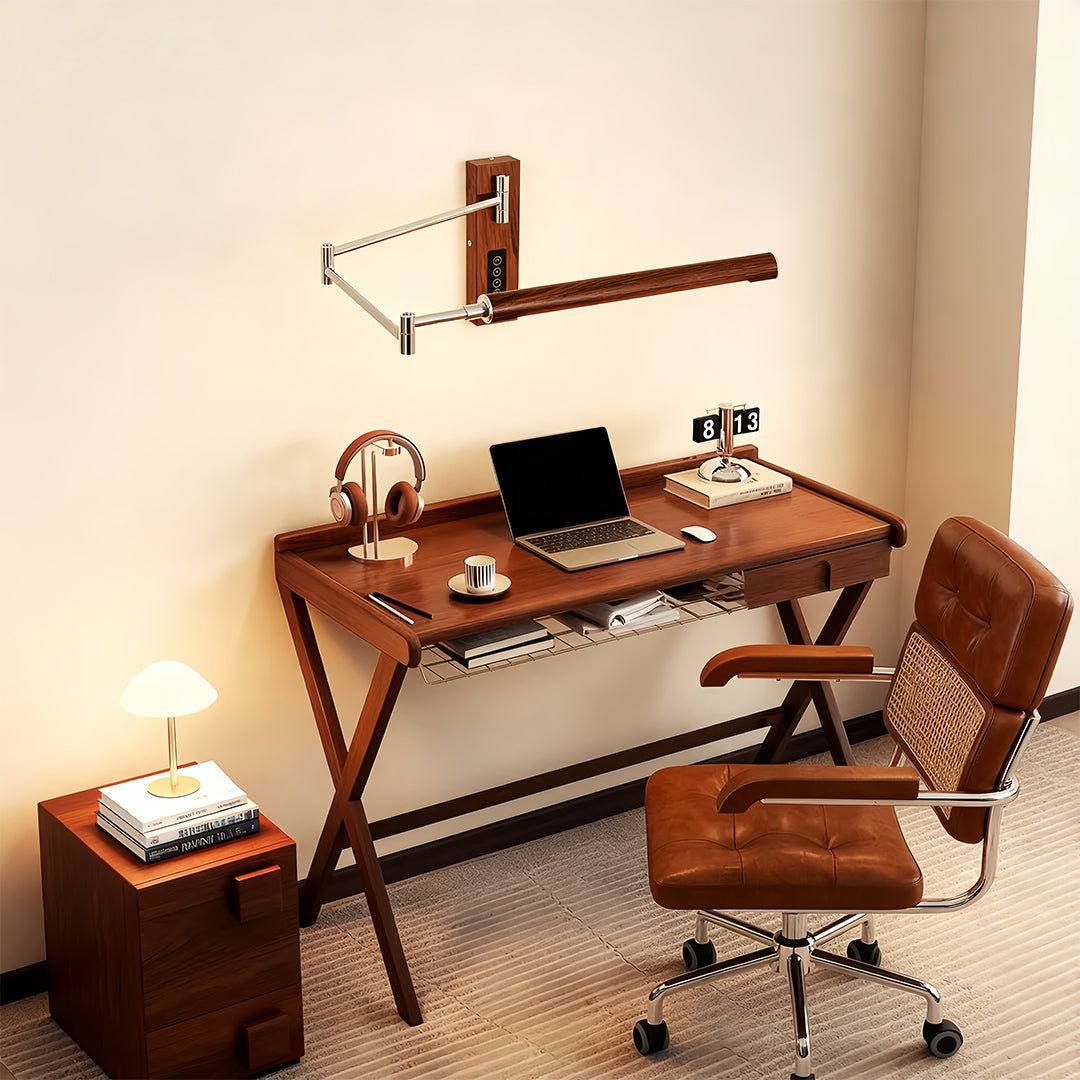 Swing Arm Wall Sconce in Silver Iron with Walnut Accents, Mid-Century Modern LED Reading Lamp
