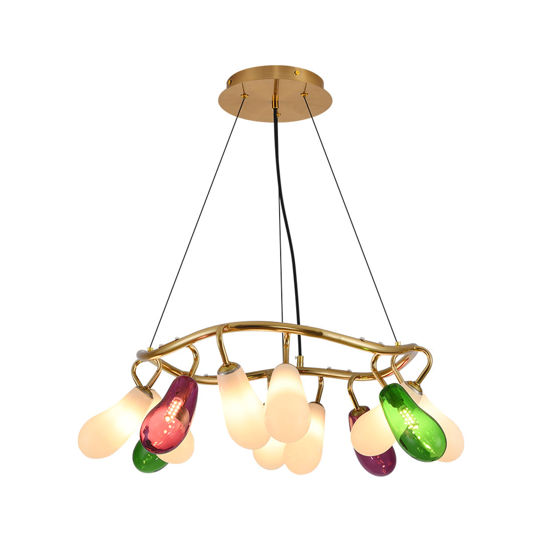 Artisan Colored Glass Chandelier with Brass Frame for Modern Interiors