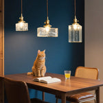 Vintage Brass Square Glass Pendant Light with Adjustable Cord