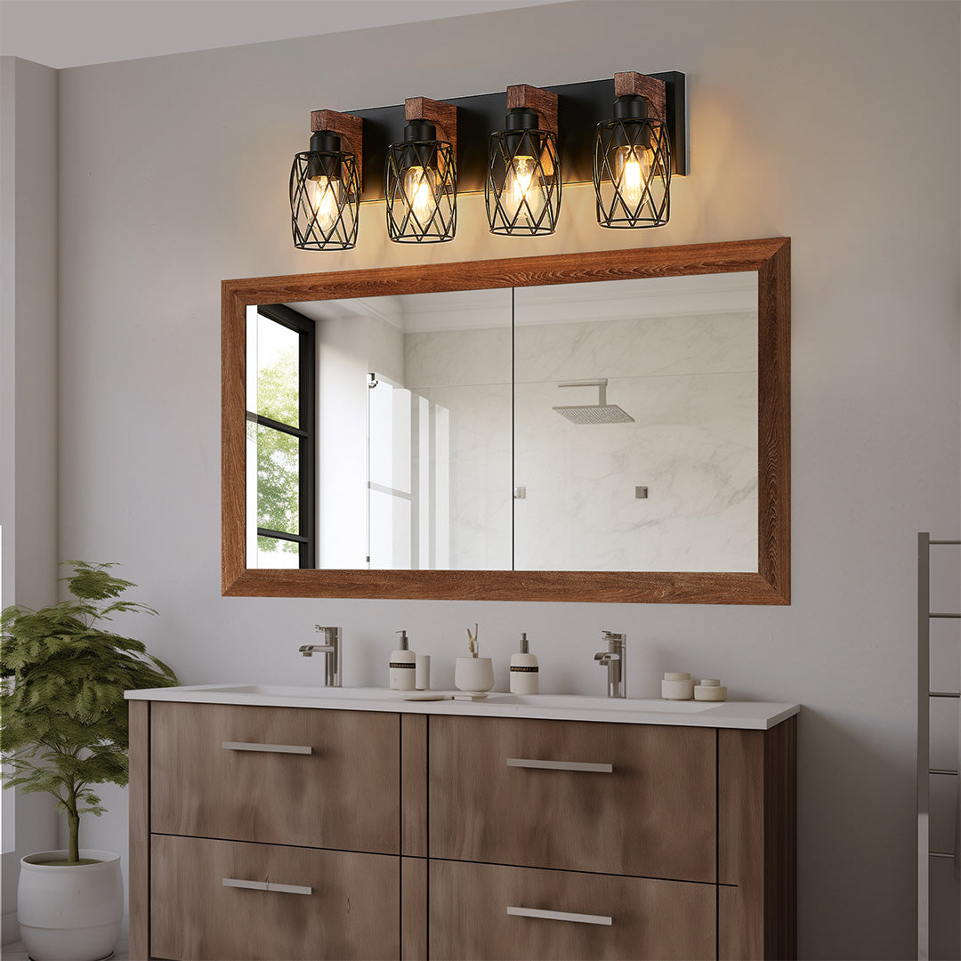 Black Metal Cage Vanity Light with Walnut Accents for Bathroom Mirror