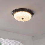 Walnut Wood Retro Dome Flush Mount Ceiling Light with Prismatic Glass Shade