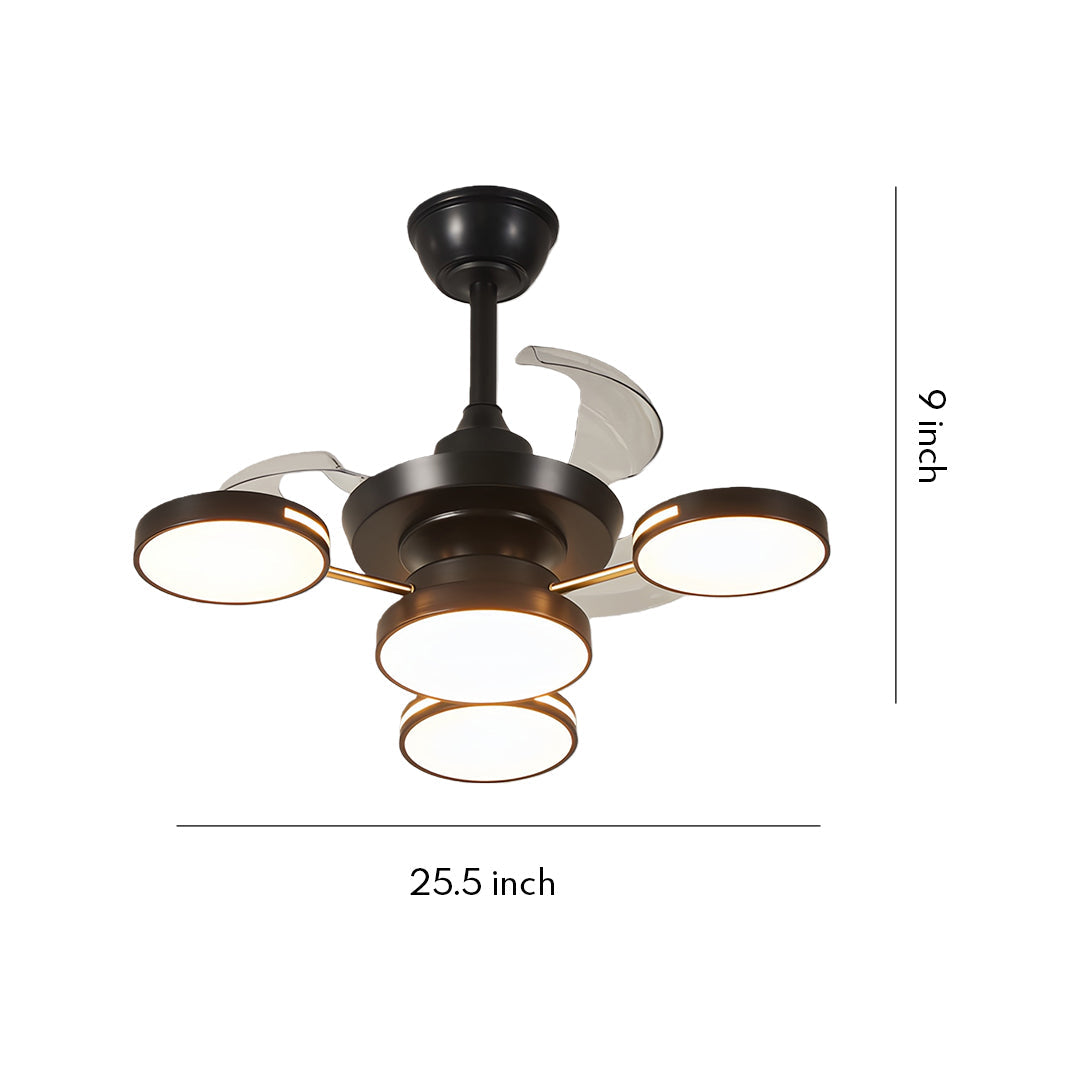 French Vintage Iron Ceiling Fan with Four Lights, 3-Blade LED Fan Lamp