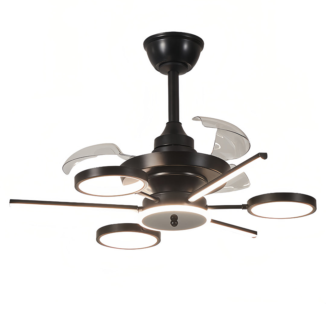 French Vintage Black Iron Ceiling Fan with 7-Light LED Fixture