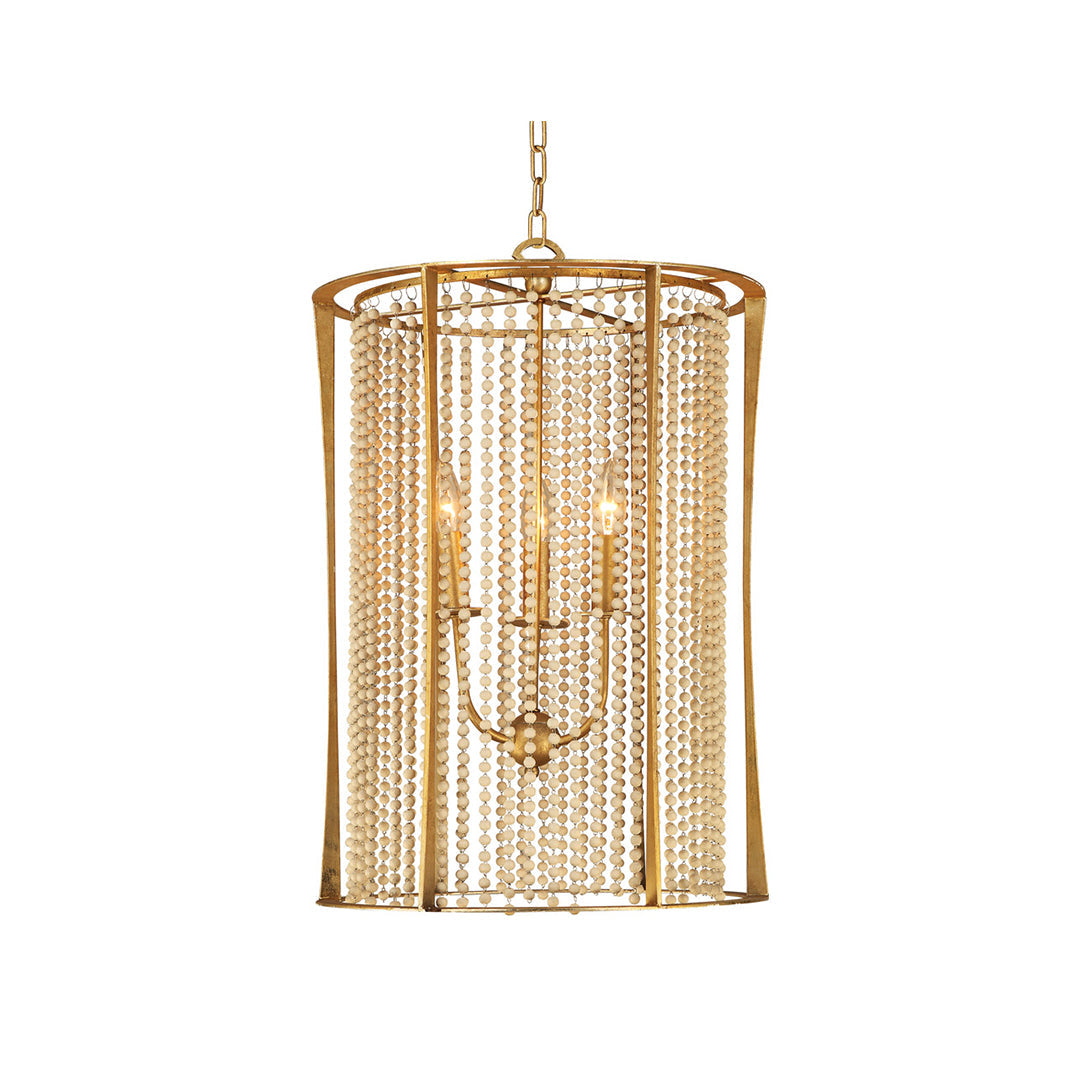 Handcrafted Wood Bead Chandelier with Gold Finish, 3-Light Candle Sockets