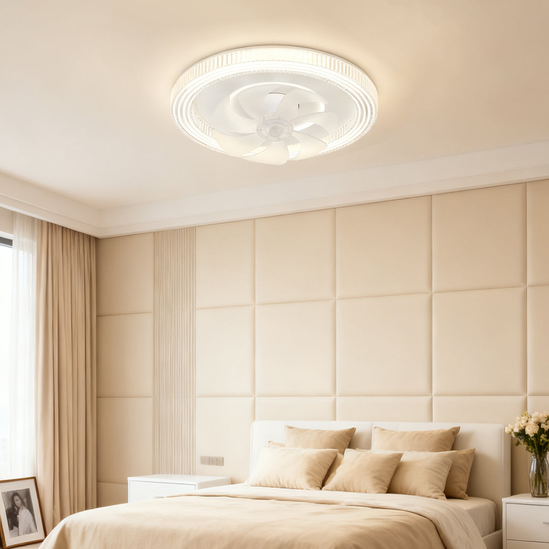 Aura White LED Ceiling Fan with Dimmable Light – Modern Flush Mount