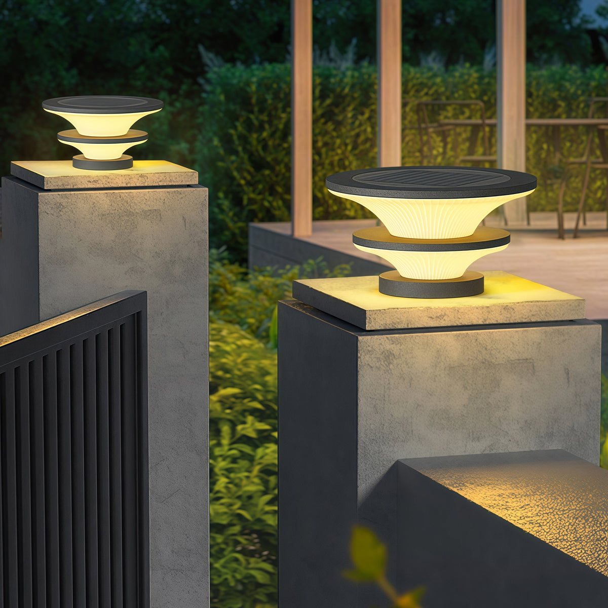 Modern Round Outdoor Pillar Lights in Black Stainless Steel
