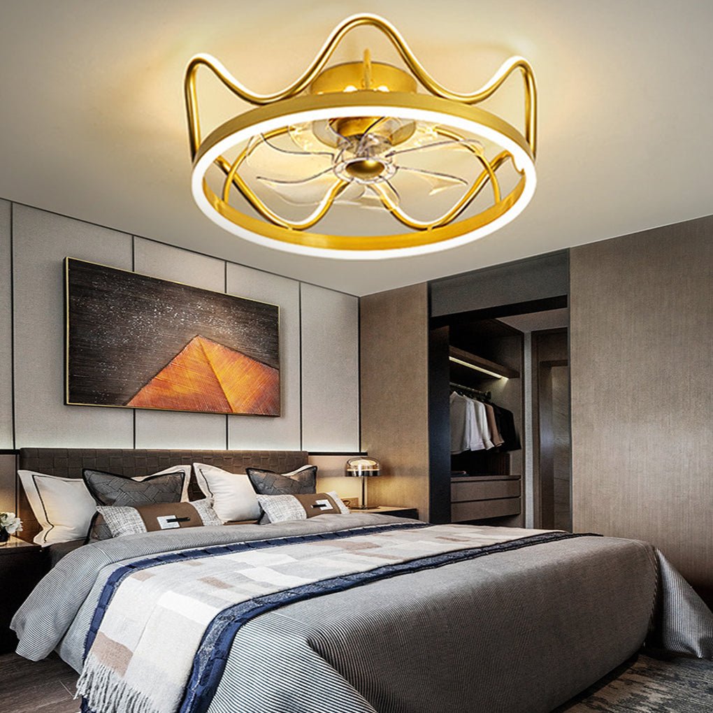 Modern Crown Shaped Timing Retractable Stepless Dimming Led Ceiling Fan Lamp With Remote Control