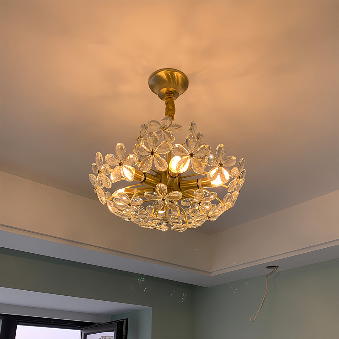Crystal Flower Chandelier Vintage French Country Ceiling Light with Brass Finish