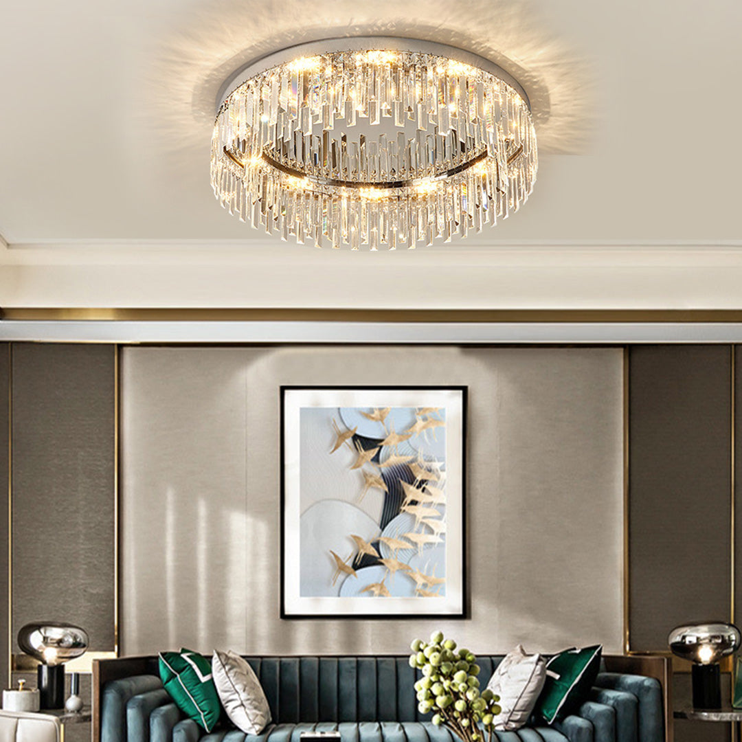 Lumina Crystal Flush Mount Ceiling Light – Modern Round Stainless Steel Fixture