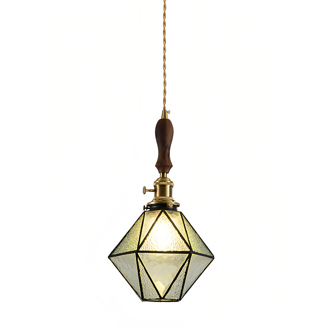 Diamond Glass Pendant Light with Brass and Wood Accents