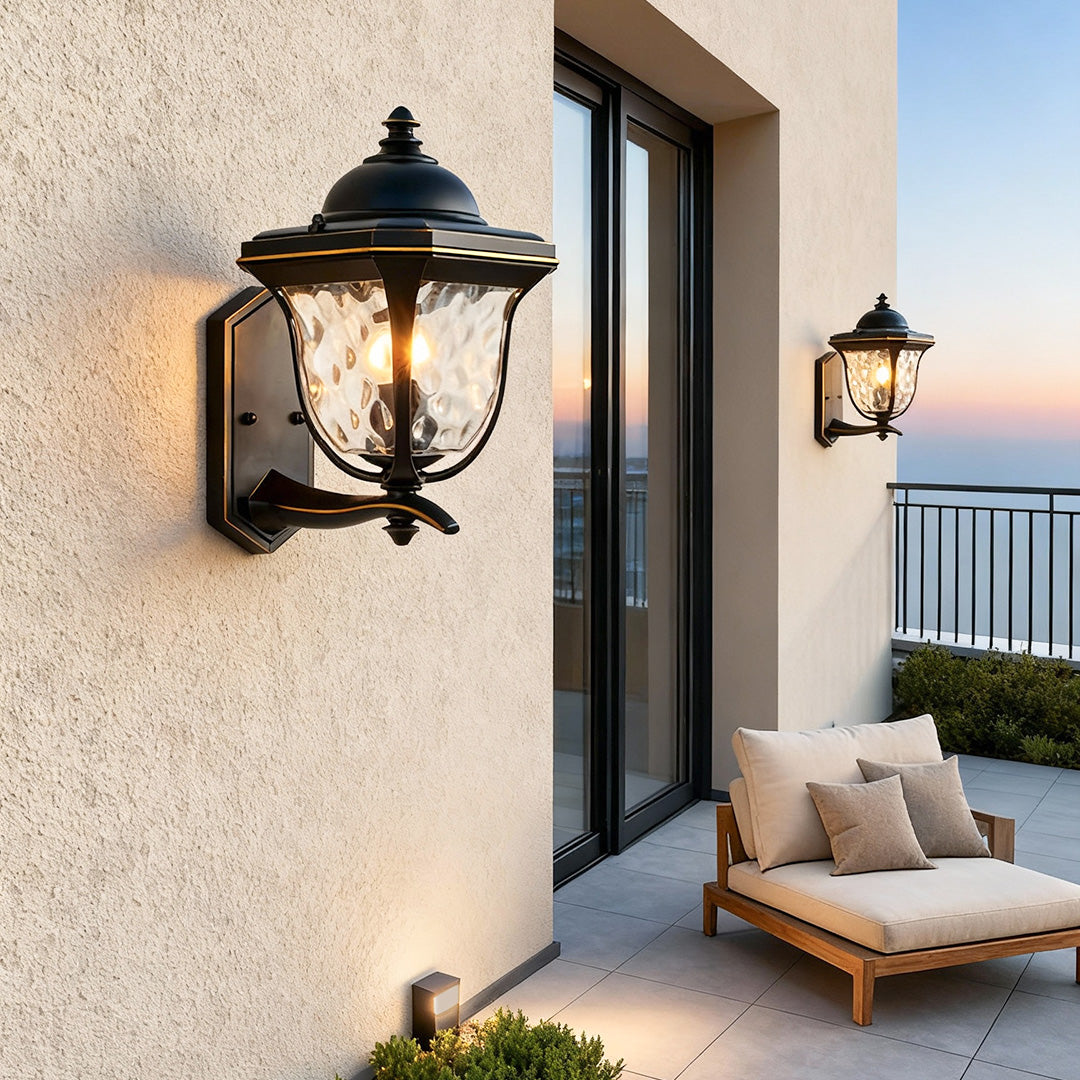 European Outdoor Wall Sconce with Clear Glass Shade in Coffee Finish
