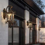 European Outdoor Wall Sconce with Gilded Aluminum Frame and Artisan Glass Shade