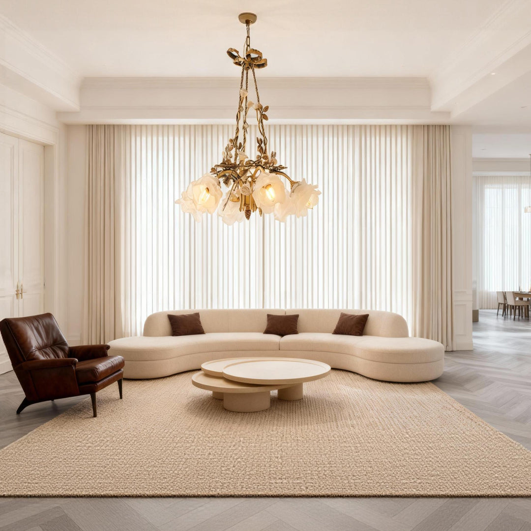Aurelia Floral Brass Chandelier with White Glass Petals
