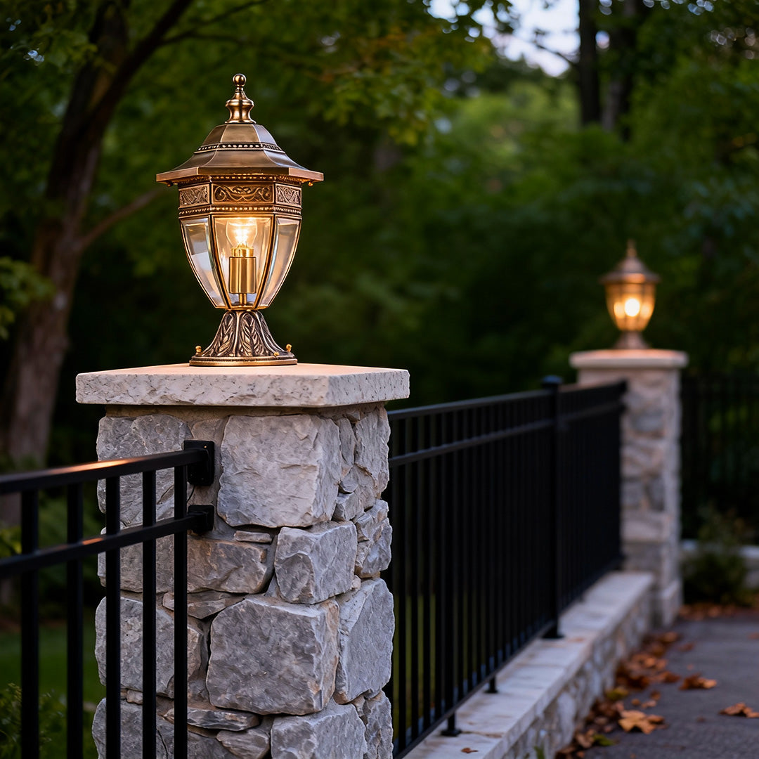 European Glass Pillar Light in Solid Copper for Outdoor Entryways