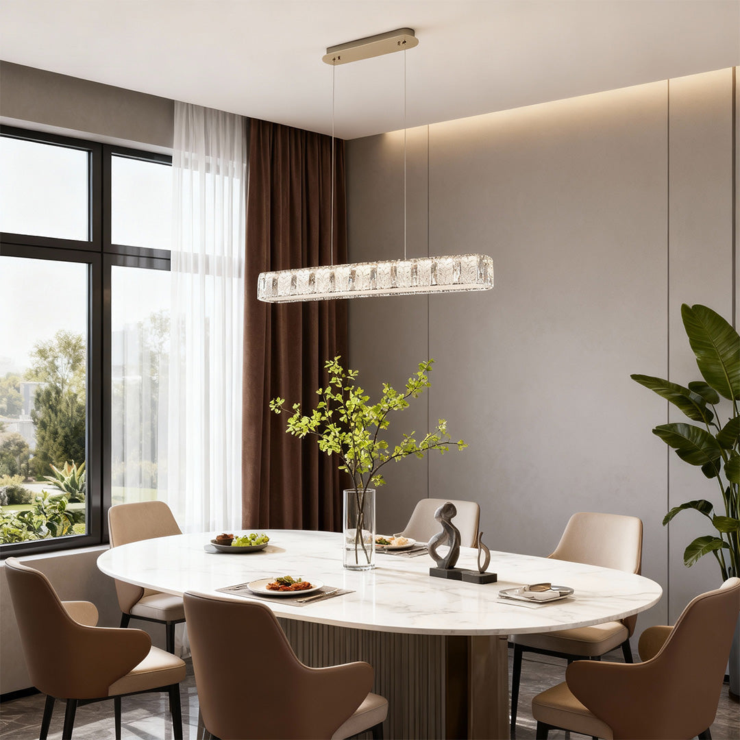 Linear Gold LED Pendant Light with Crystal Accents for Modern Interiors