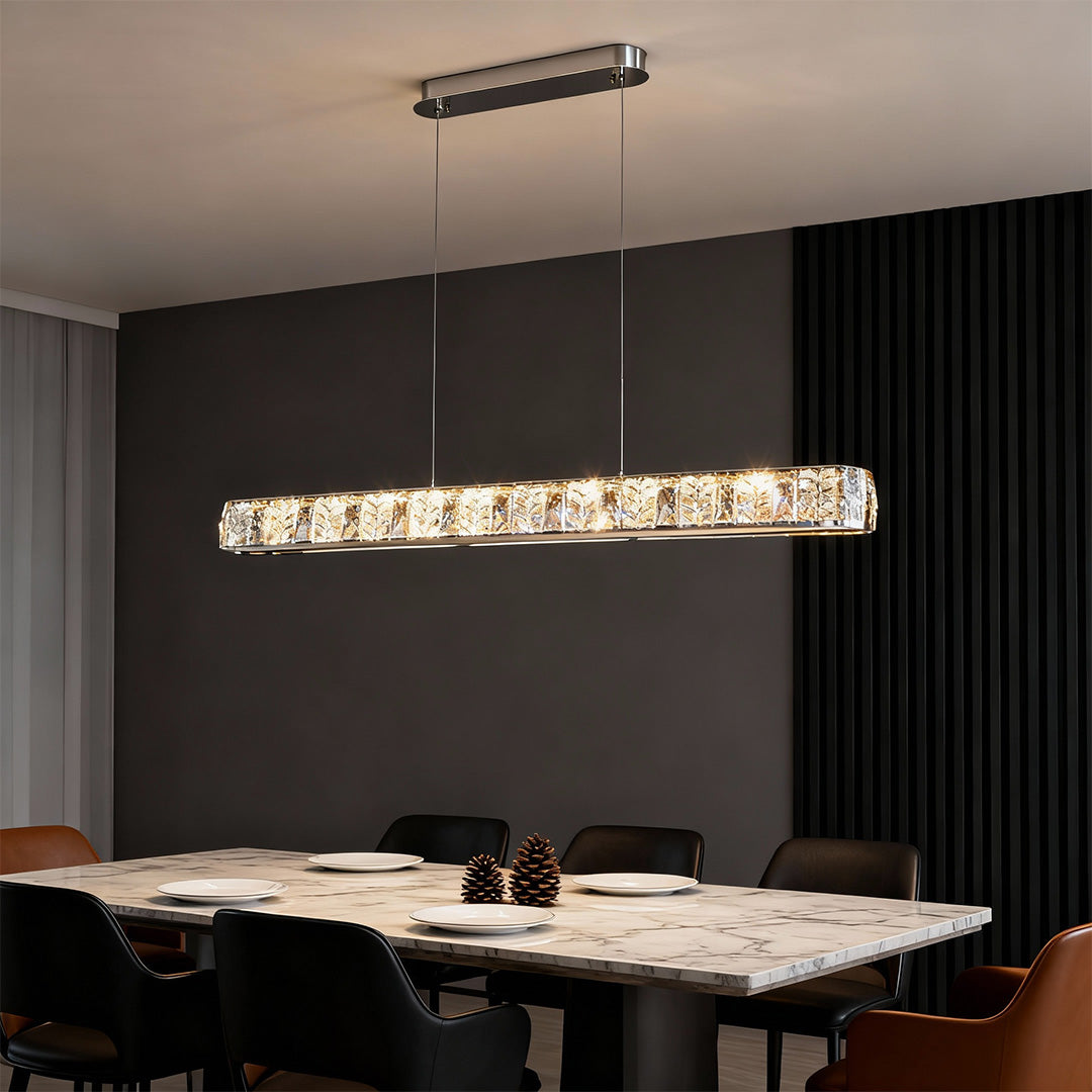 Linear Gold LED Pendant Light with Crystal Accents for Modern Interiors