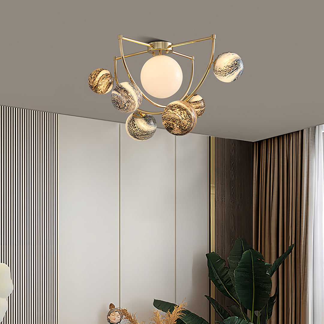 Gold Planet Semi Flush Ceiling Light – Modern Art Glass Shade