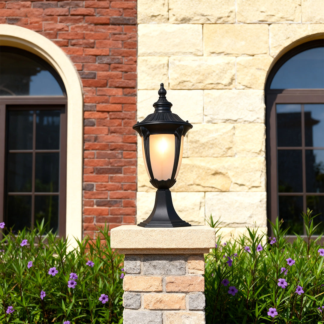 Traditional Outdoor Pillar Light in Sand-Black Aluminum with Clear Glass Shade