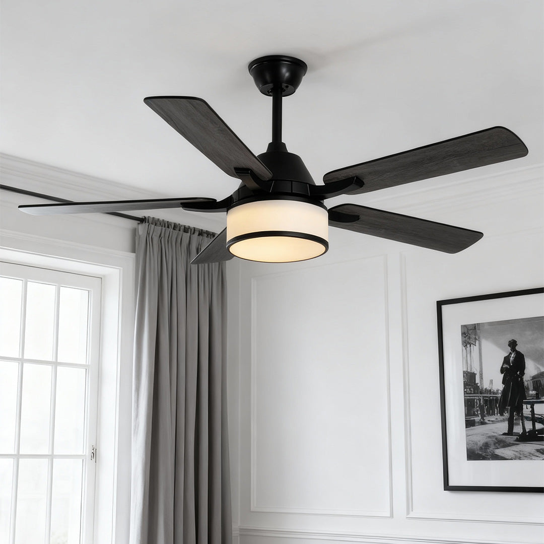 European Retro Ceiling Fan with Fabric Shade and LED Light