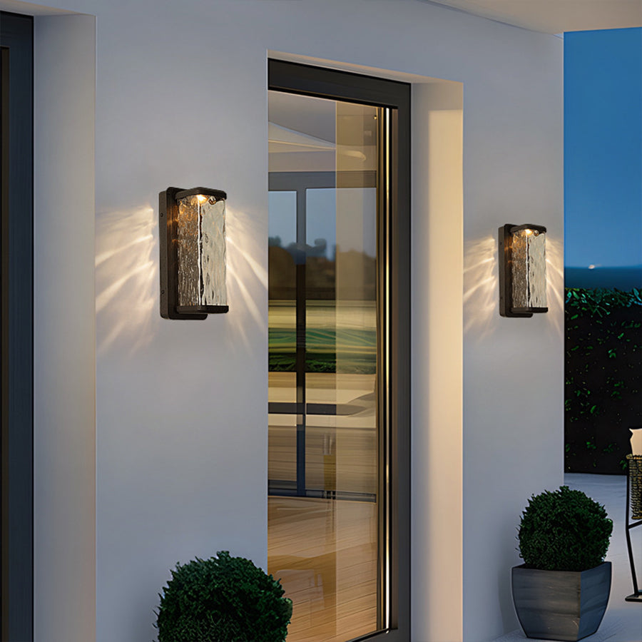 Modern Rectangular Outdoor Wall Sconce in Black Aluminum with Water-Drop Glass