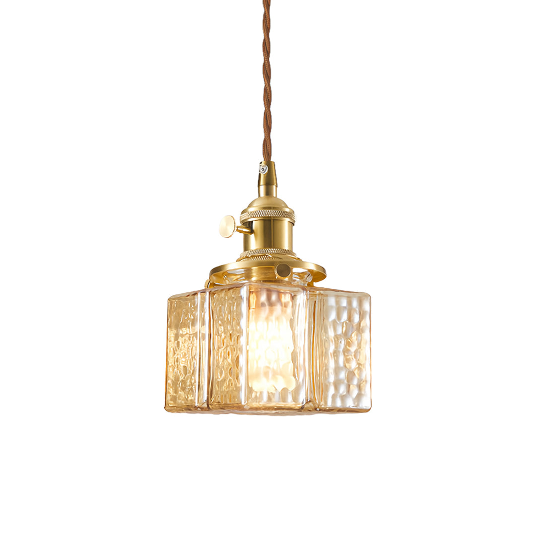 Vintage Brass Square Glass Pendant Light with Adjustable Cord