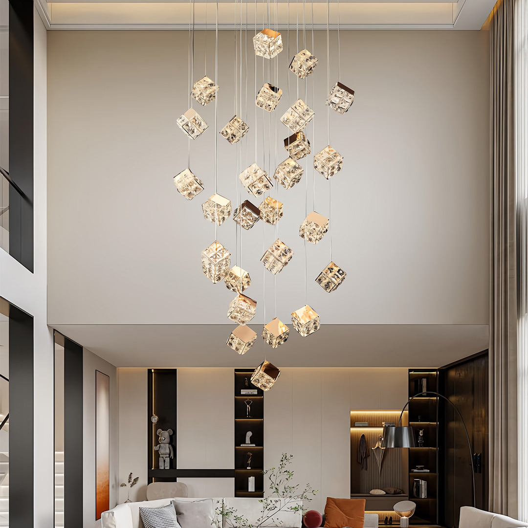 Crystal Staircase Chandelier with Gold Frame and Adjustable LED Lighting