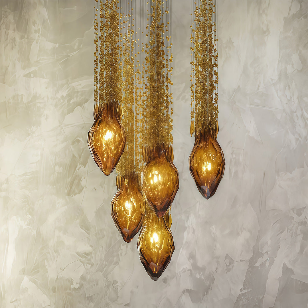 Cognac Crystal Staircase Chandelier – Modern Linear LED Pendant for Grand Interiors