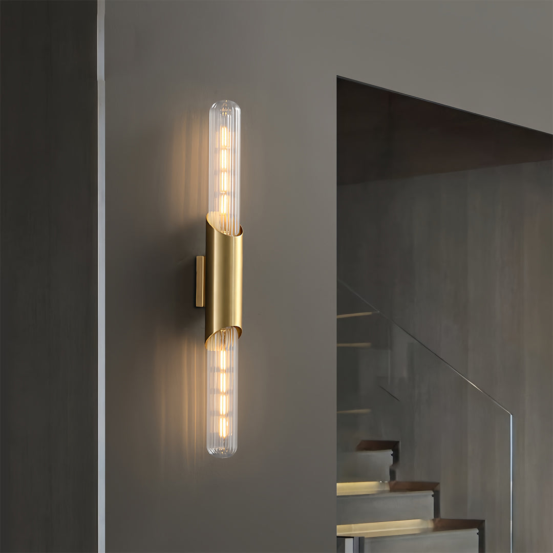 Cylindrical Brass Up Down Wall Light with Clear Glass Shade