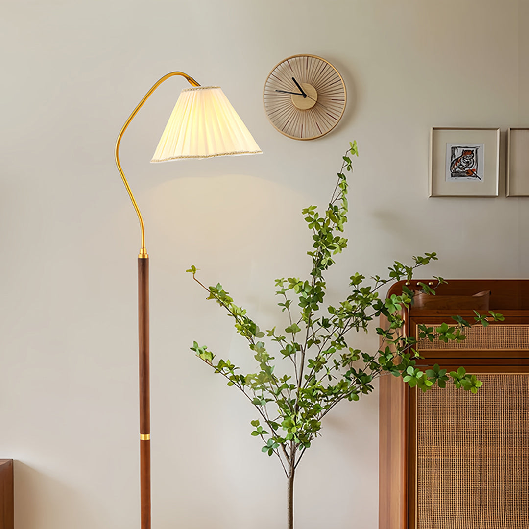 Walnut Floor Lamp with Fabric Shade – American Retro Standing Lamp for Living Room