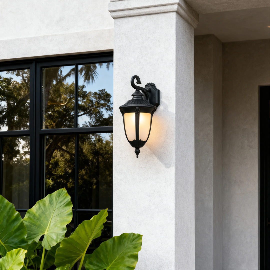 European Outdoor Wall Sconce with Clear Glass Shade in Matte Black Aluminum