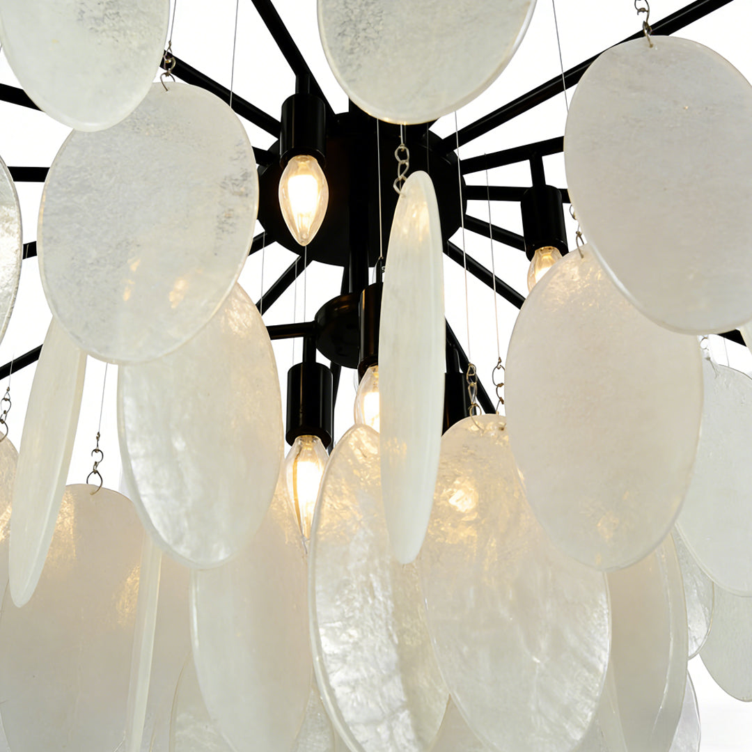 Mother of Pearl Chandelier with Black Metal Frame and Clear Glass Shades