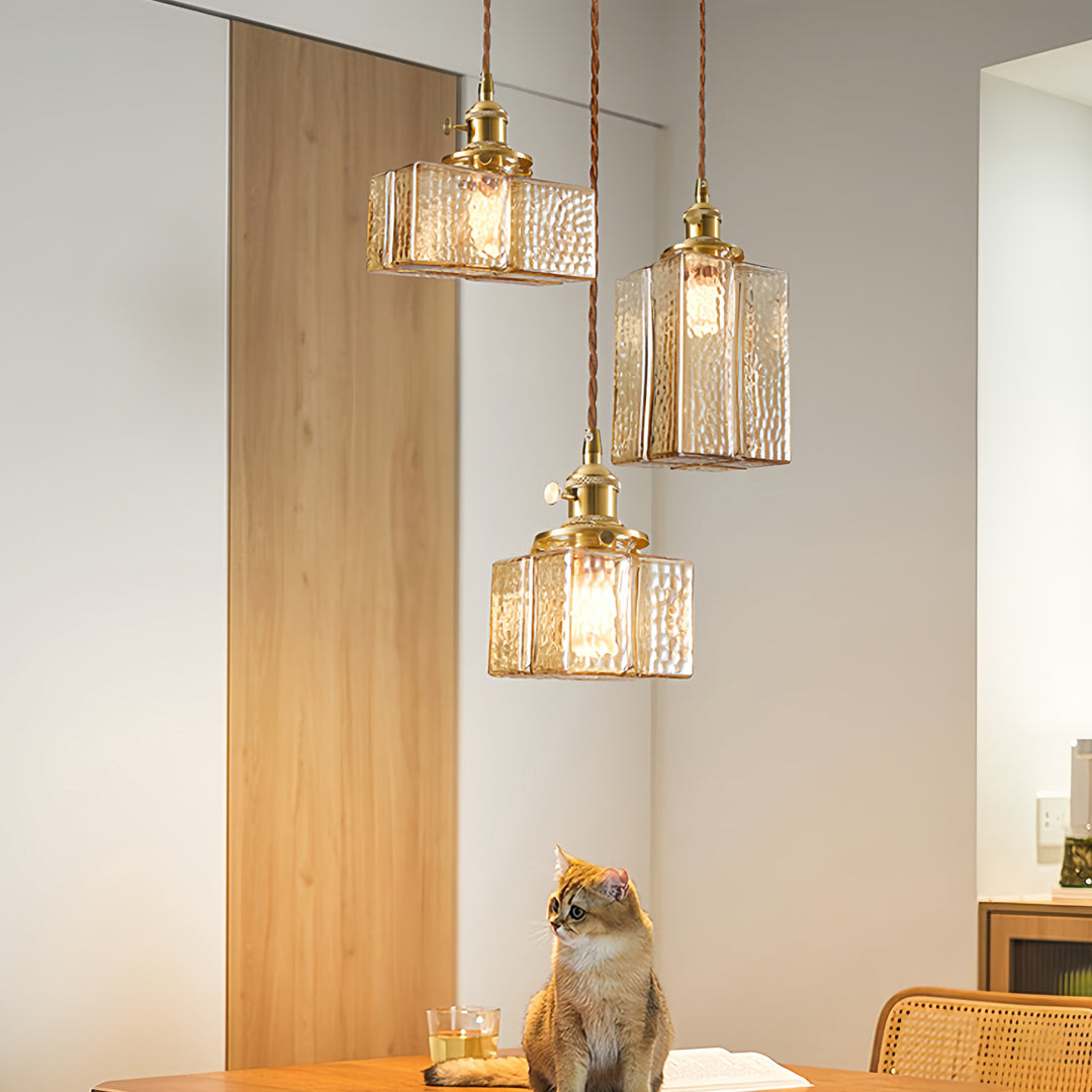 Vintage Brass Square Glass Pendant Light with Adjustable Cord