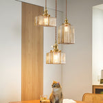Vintage Brass Square Glass Pendant Light with Adjustable Cord