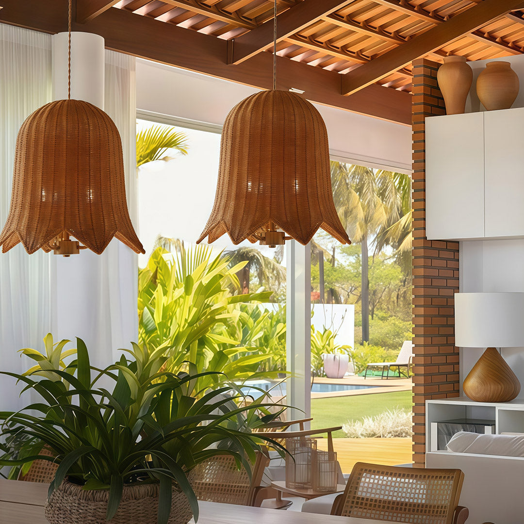 Artisan Rattan Pendant Light with Iron Frame – Japanese Wabi-Sabi Ceiling Lamp