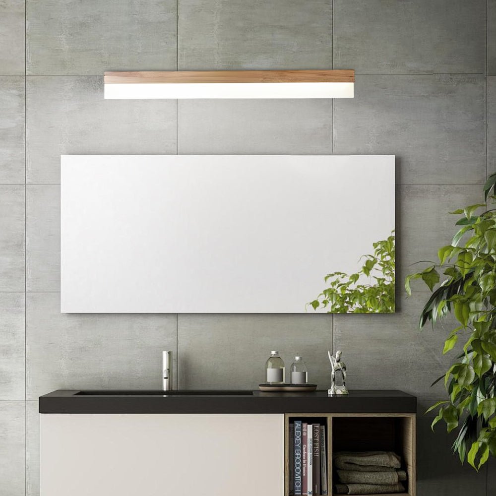 Natural Wood LED Vanity Light with Frosted Shade for Bathroom Mirror