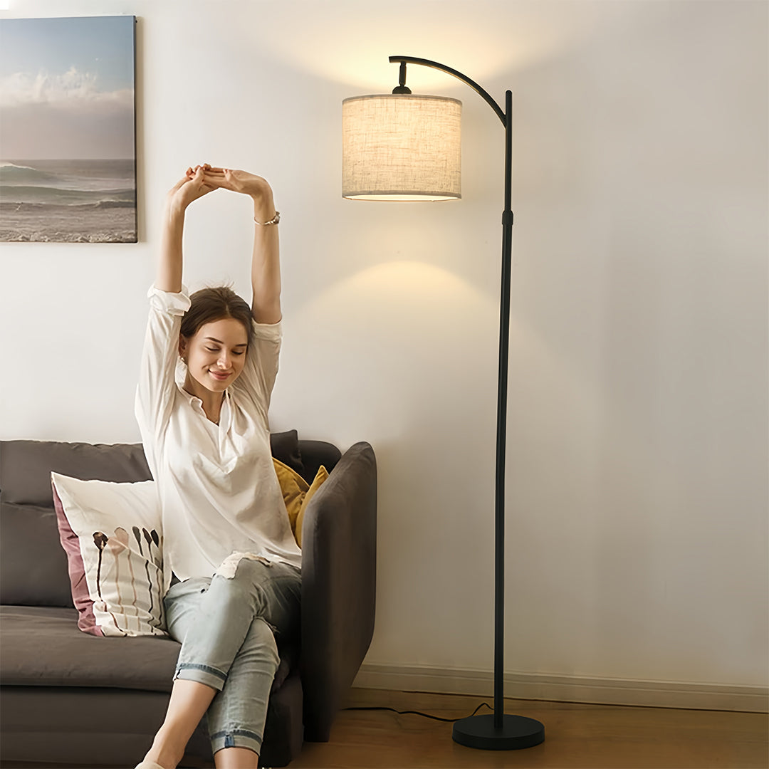 Arc Floor Lamp with Fabric Shade and Marble Base – Modern Minimalist Lighting for Living Room