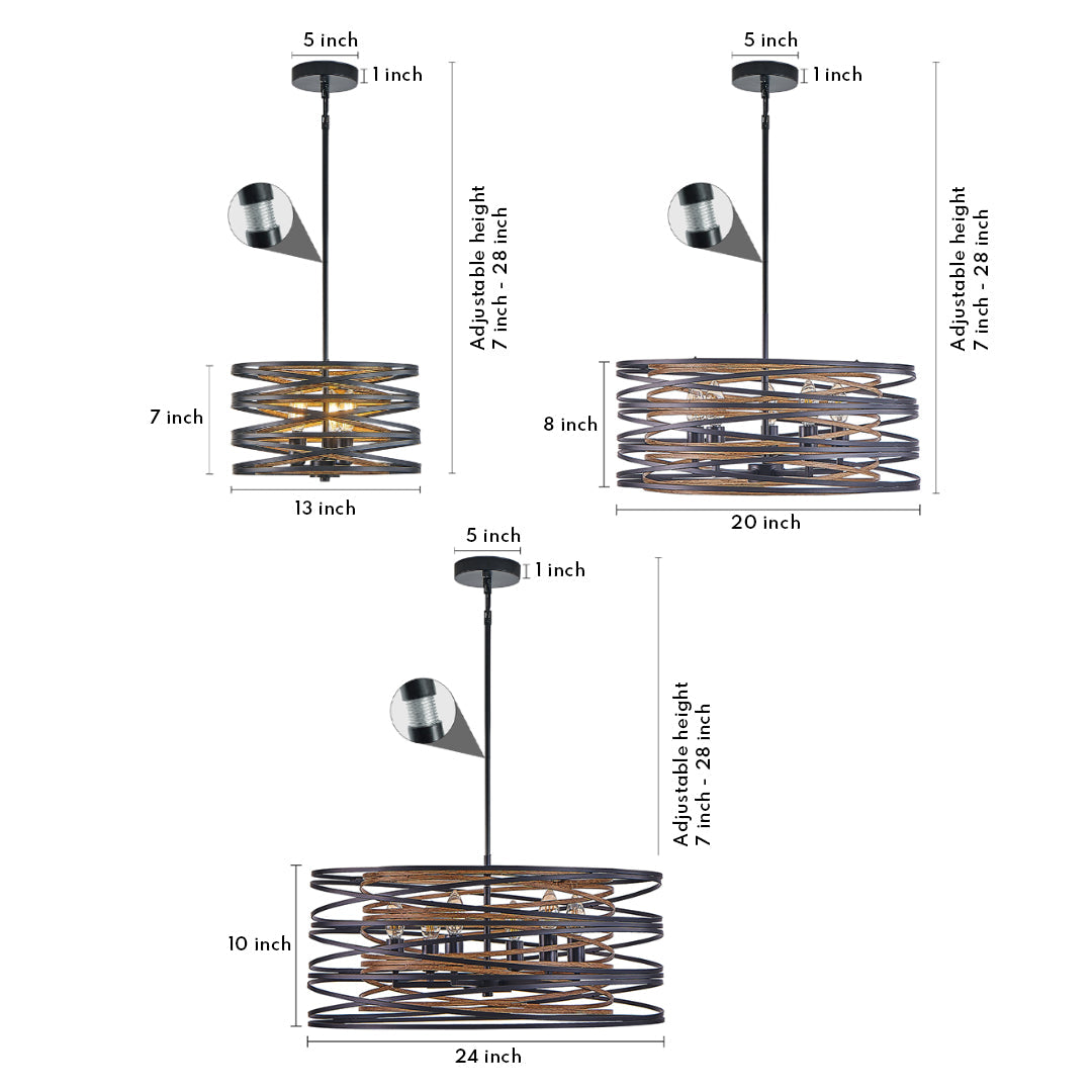 Walnut Accent Black Iron Drum Pendant Light, Adjustable Cylinder Ceiling Lamp