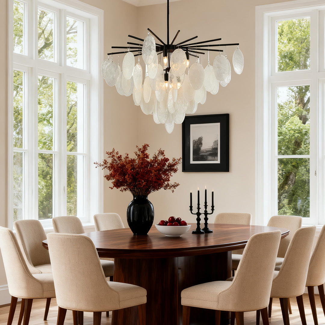 Mother of Pearl Chandelier with Black Metal Frame and Clear Glass Shades