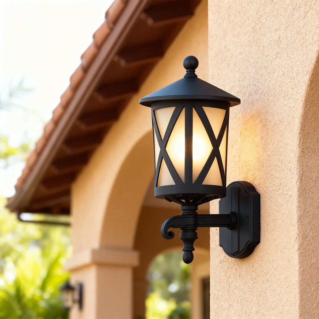 European Outdoor Wall Sconce in Sand Black Aluminum with Clear Glass
