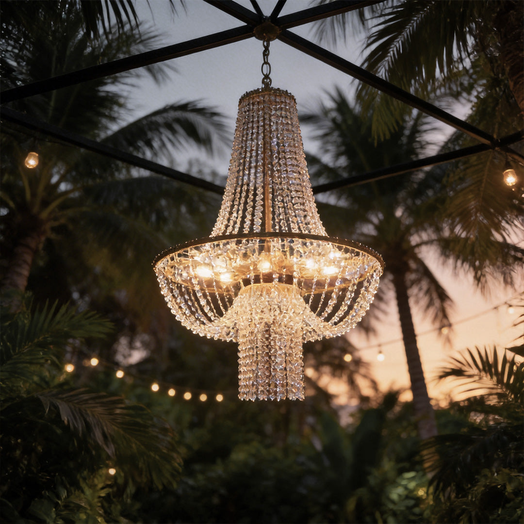 European Crystal Pendant Light with Gold Iron Frame for Outdoor Elegance