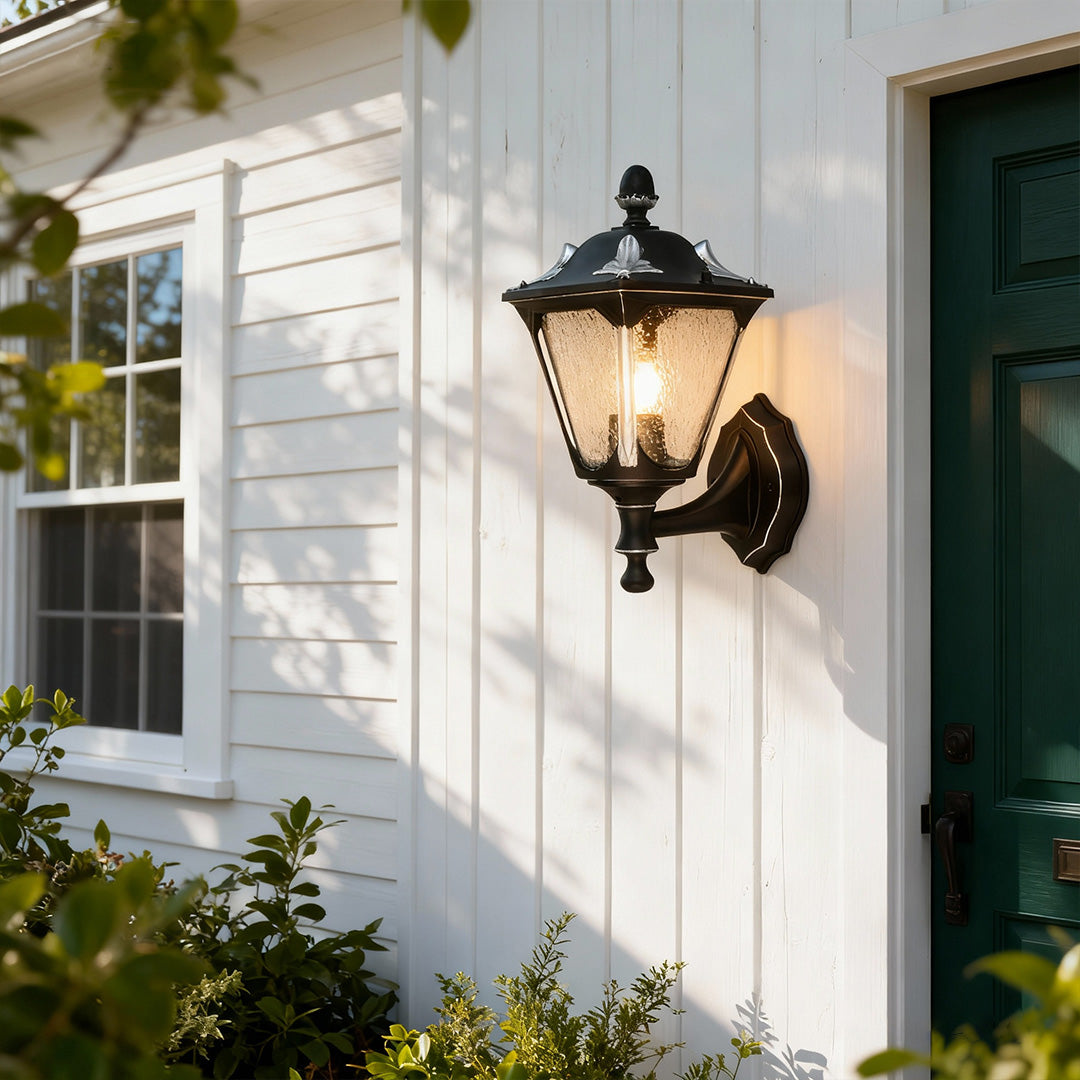 Vintage Outdoor Wall Lantern with Clear Glass Shade in Sand Black Aluminum