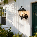 Vintage Outdoor Wall Lantern with Clear Glass Shade in Sand Black Aluminum