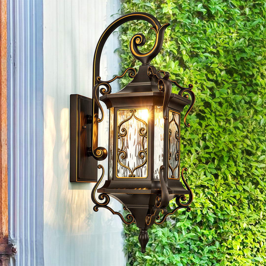 European Outdoor Wall Sconce with Gilded Aluminum Frame and Artisan Glass Shade