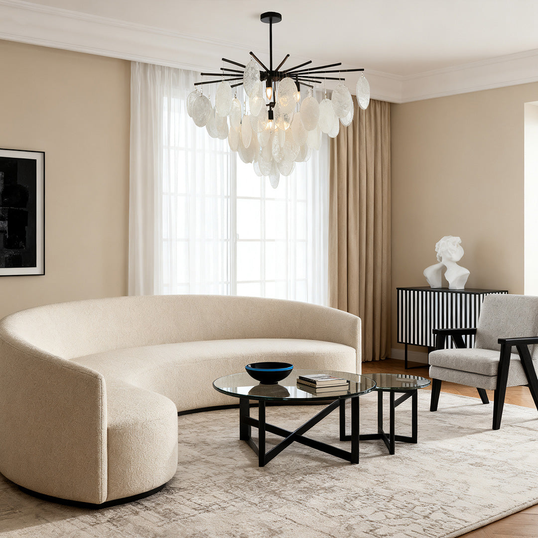 Mother of Pearl Chandelier with Black Metal Frame and Clear Glass Shades