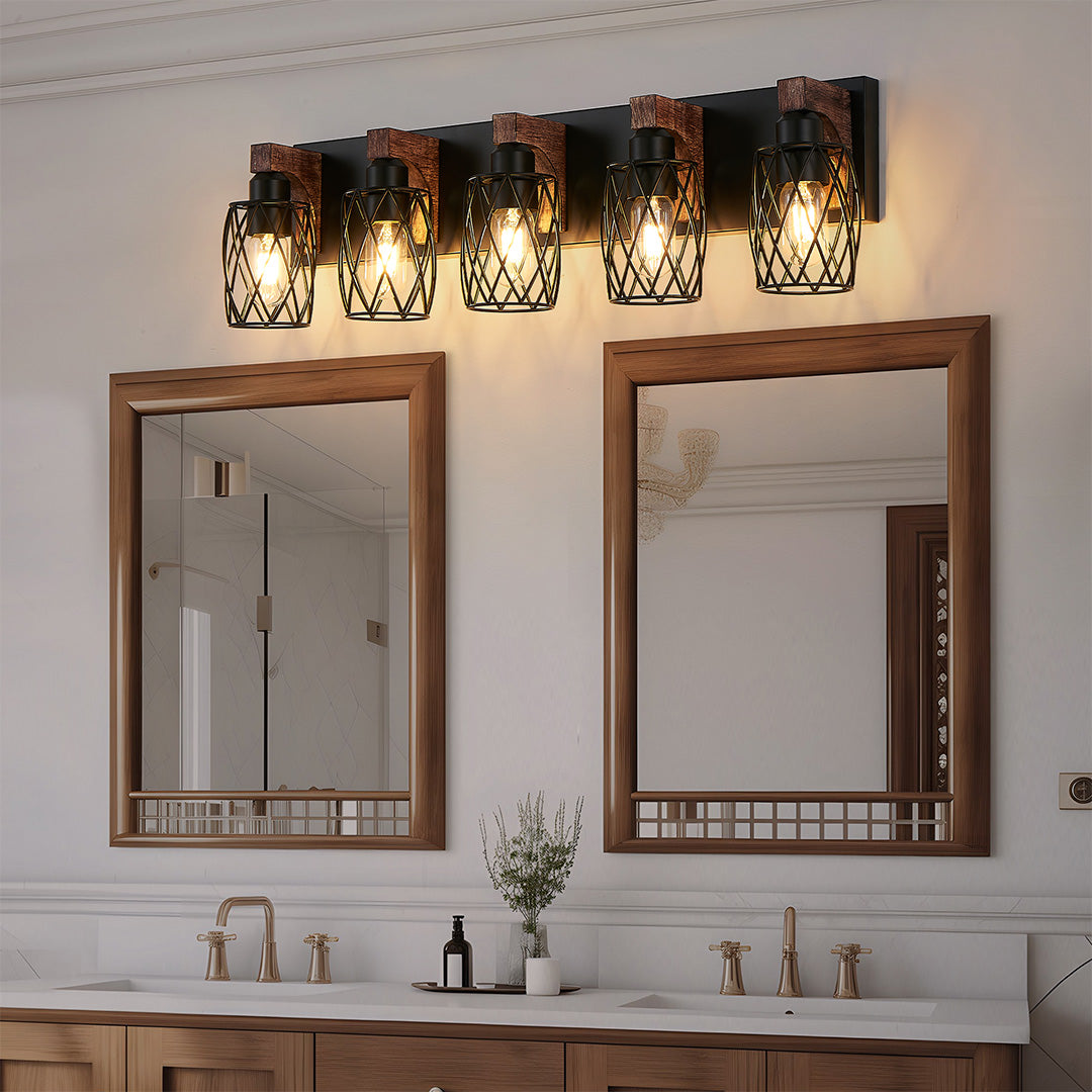 Black Metal Cage Vanity Light with Walnut Accents for Bathroom Mirror