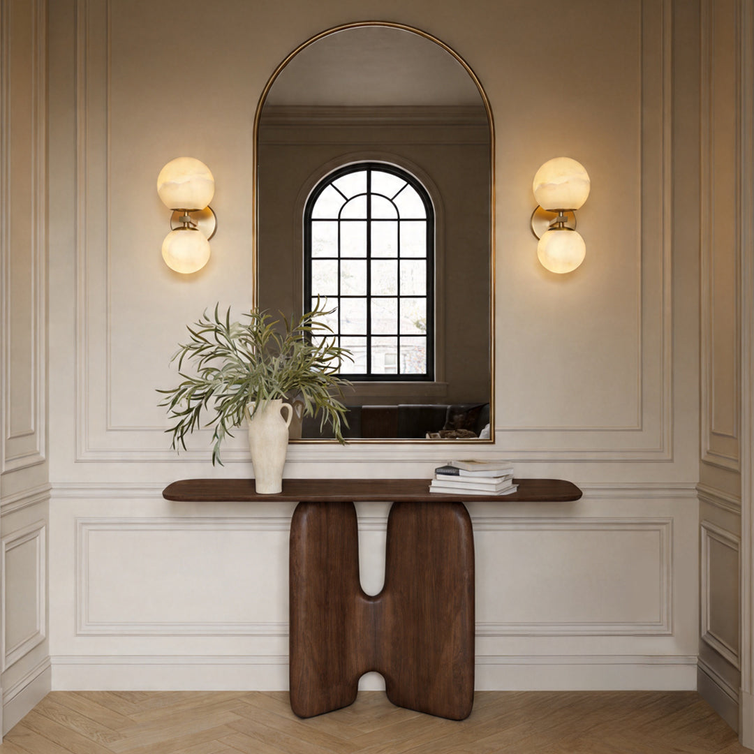 Italian Brass Up and Down Moon Wall Sconce with Marble Shade