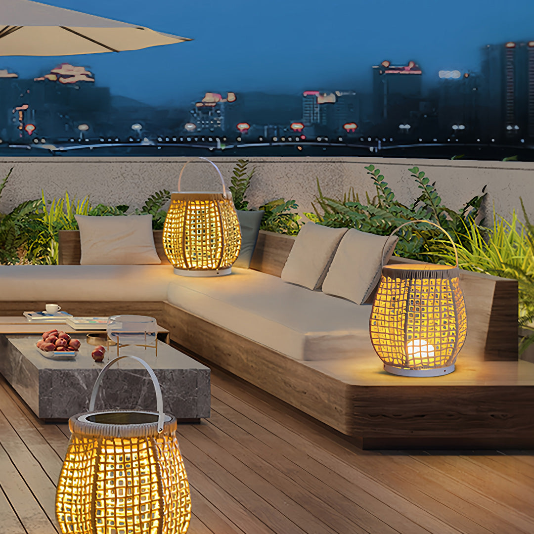 Woven Outdoor Lantern Floor Lamp with Handle, Portable Patio Lighting