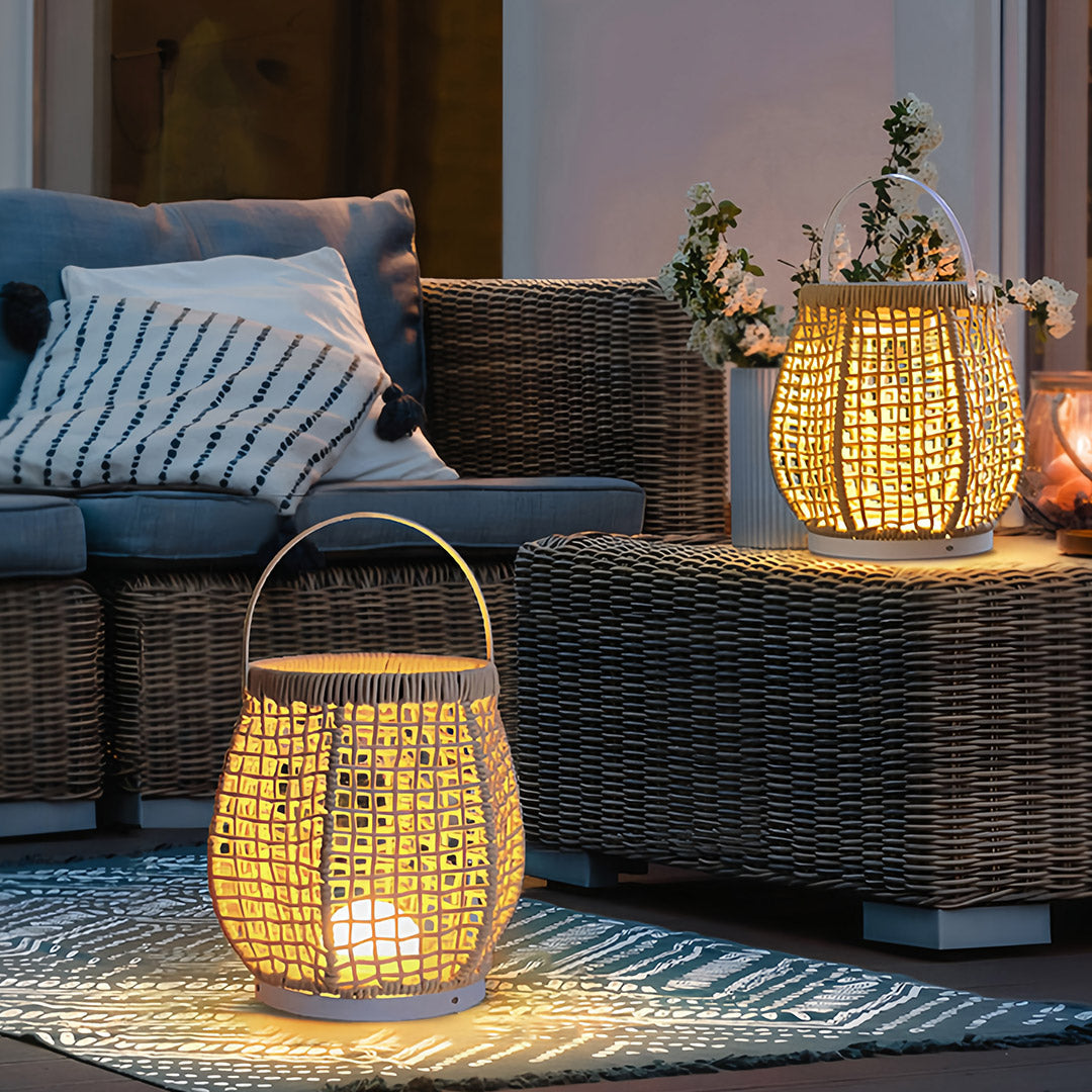 Woven Outdoor Lantern Floor Lamp with Handle, Portable Patio Lighting