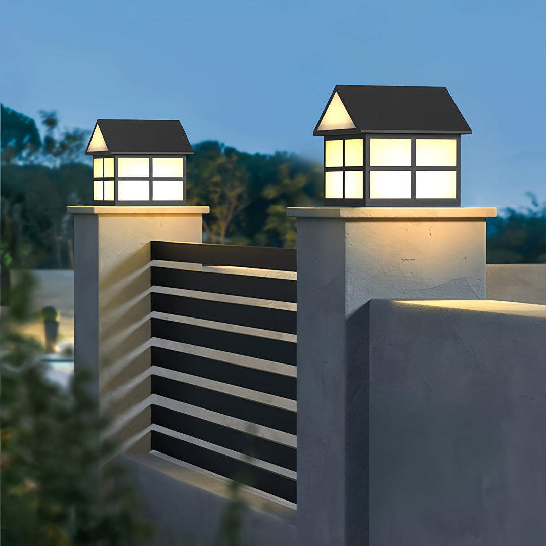 House-Shaped Outdoor Pillar Light in Black Stainless Steel